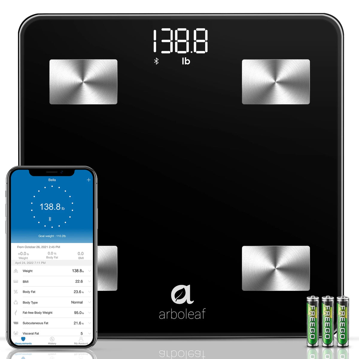 Arboleaf CS20N Intelligente Personenwaage – Bluetooth – 14 Körpermesswerte – BMI- und Muskelmasseanalyse – App – Schwarz