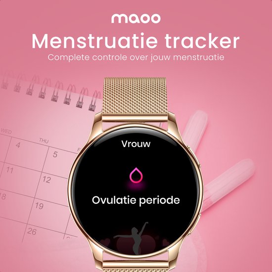 Maoo Ventura AMOLED Smartwatch - Edelstahl - 3x Silikonband - Schrittzähler, Herzfrequenzmesser und Schlafüberwachung - Multisport - Für Android und iOS - Damen - Rose Gold/Pink