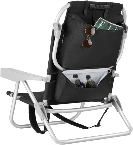 tectake® Beach Chair Coral - faltbarer Campingstuhl mit Kühltasche und Aufbewahrungstasche - 5-fach verstellbare Rückenlehne mit Kopfkissen - breite Armlehnen mit Becherhalter / Telefonhalter - faltbarer Campingstuhl - Schwarz