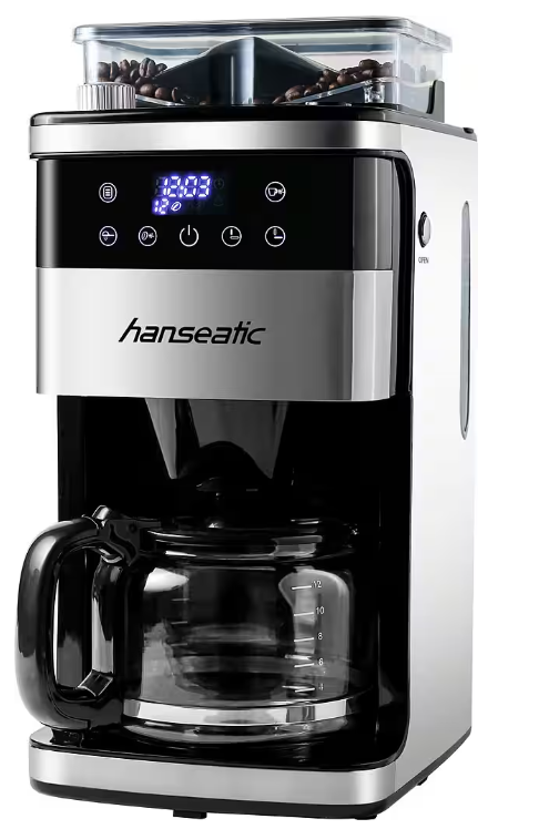 Hanseatic Kaffeemaschine mit Mahlwerk HCMG105015SD – Schwarz/Silber – 21 x 31 x 42 cm – 1,5 l, 12 Tassen