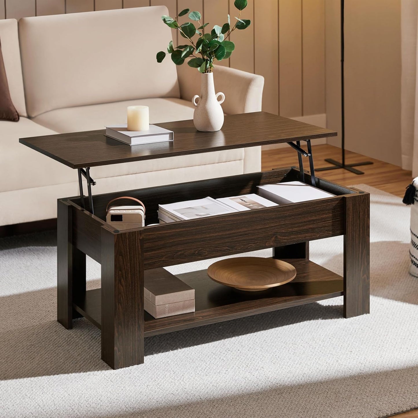 Yaheetech Couchtisch mit höhenverstellbarer Tischplatte – Versteckter Stauraum – Braun – 98 x 50 x 42–56 cm
