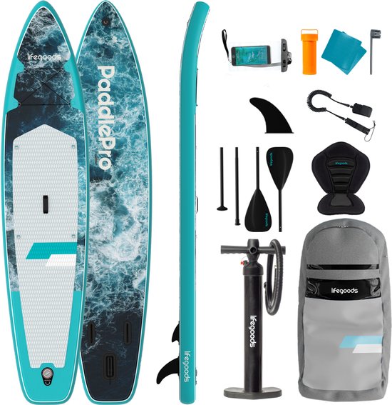 LifeGoods SUP-Board Touring – mit Sitz – 165 kg Tragkraft – 365 x 76 cm – aufblasbar – Komplettes SUP-Set – Dunkelblau