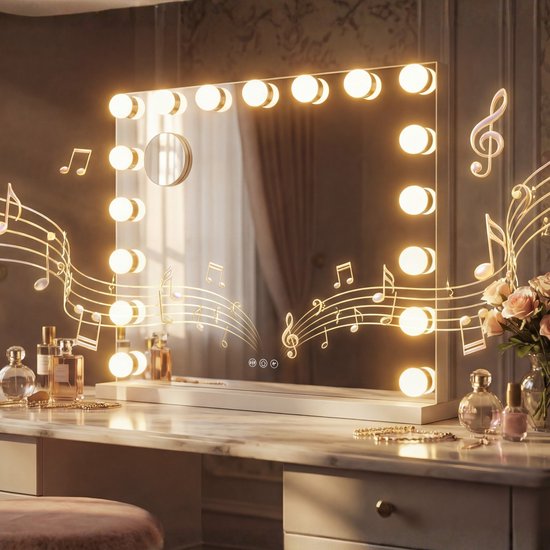 Bayt Hollywood-Spiegel – Make-up-Spiegel – Spiegel – Hollywood-Spiegel 80 x 60 – Dimmbar – 10-fache Vergrößerung – Mit Beleuchtung und Bluetooth – USB-Anschluss – 80 x 60 – Weiß