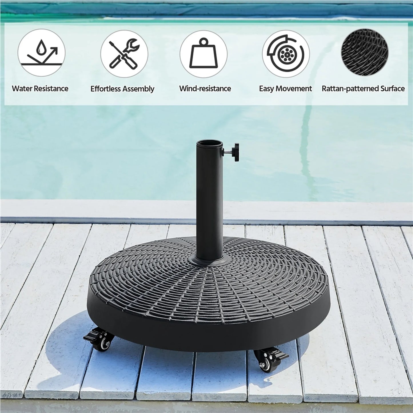 Yaheetech Sonnenschirmfuß auf Rädern 24 kg - Mit 4 Rollen mit Bremse und zwei Adaptern für Ø 38 mm und Ø 48 mm - Für Terrasse und Garten - Schwarzes Harz und Metall - 52 x 52 x 42 cm
