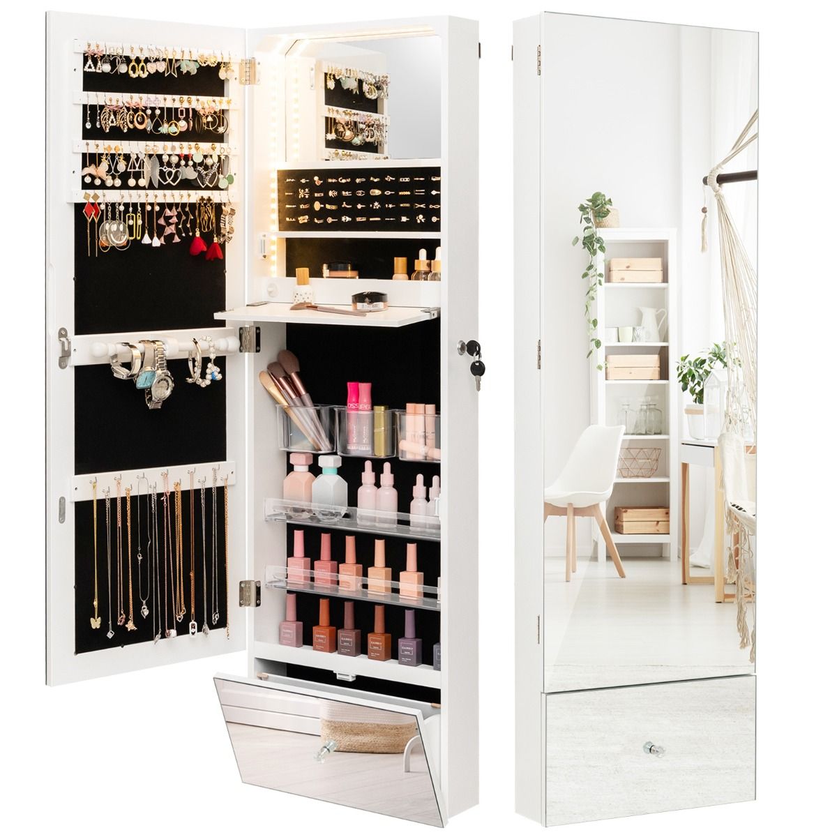 Coast Schmuckschrank - mit Spiegel - LED-Beleuchtung - 120 x 37 x 11 cm - Weiß