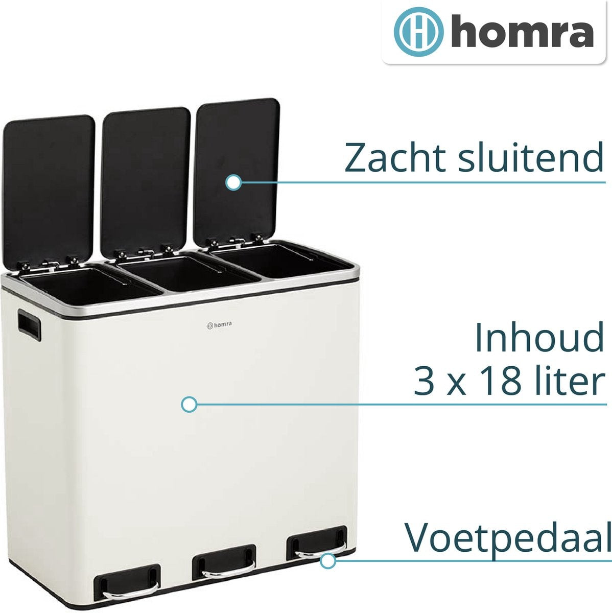 Homra SPARQ Abfalltrennbehälter 3 Fächer - 3 x 18 L Inhalt - 54 Liter - Weiß - Edelstahl