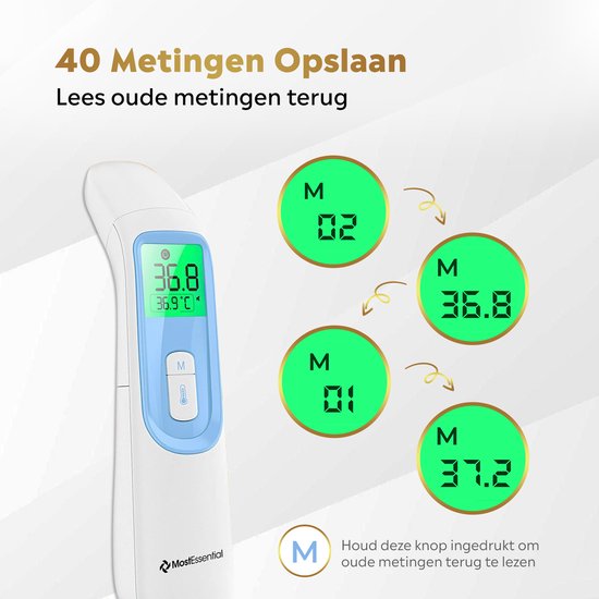 MostEssential Premium Fieberthermometer - Ohrthermometer - Infrarotthermometer - Stirnthermometer - Körperthermometer - Fieberthermometer für Erwachsene, Kinder und Babys - berührungslos - 20D