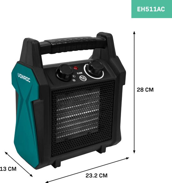 VONROC Elektroheizung - Heizlüfter - 2000W/3000W - Keramik - 3 Einstellungen - Thermostat - 30m2