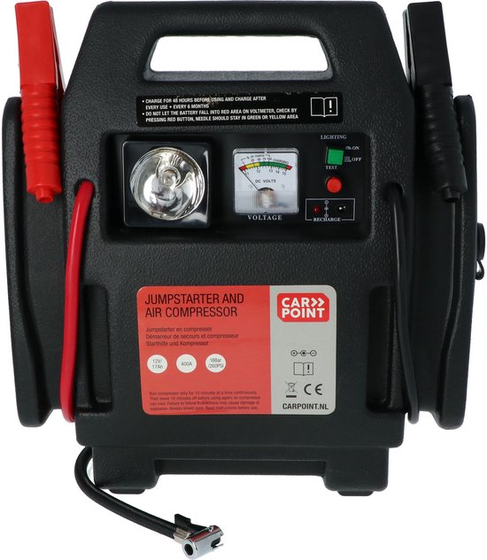 Carpoint Jumpstarter - 12 Volt - Mit Luftkompressor - Spitzenleistung 400A - Aufladen mit 230 Volt oder 12 Volt Adapter - Maximaler Kompressordruck 18 BAR/260 PSI - Eingebaute LED Beleuchtung - Abmessungen 365x345x175mm