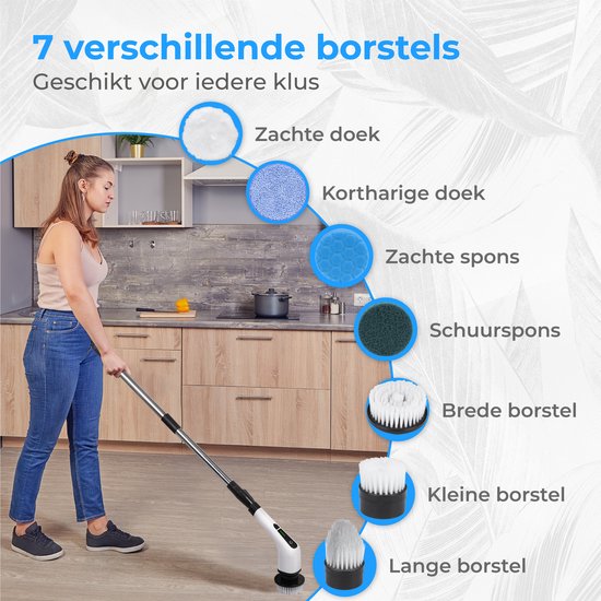 Nuvance - Elektrische Reinigungsbürste - Inkl. 7 Aufsätze - Elektrische Reinigungsbürste - Schrubber mit Stiel - Handbürste