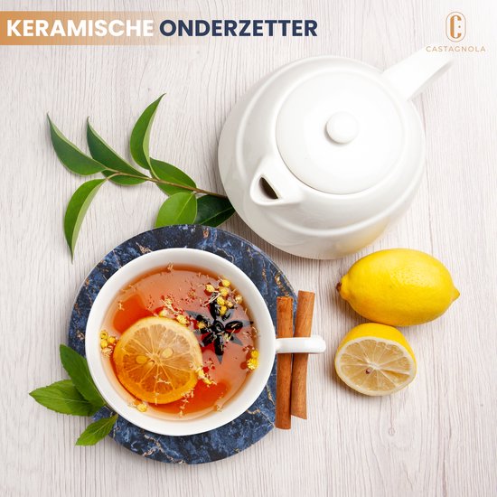 Castagnola Keramik Untersetzer mit Halter - Untersetzer für Gläser - Untersetzer Design - Untersetzer Set - Untersetzer zum Trinken - Keramik - Kork - 6er Set - Blau/Gold