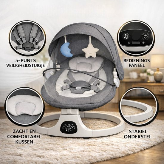 Oemmie Elektrischer Schaukelstuhl - Babyschaukel - Schaukelstuhl Baby - Babywippe - Inklusive Bluetooth-Funktion und Fernbedienung - 5 Schaukelpositionen - Grau