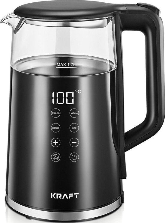 KRAFT - Wasserkocher - mit Temperaturregelung - 1,7 Liter - 2200W - Glas - LED Touch - Schwarz