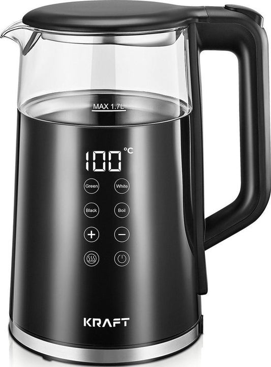 KRAFT - Wasserkocher - mit Temperaturregelung - 1,7 Liter - 2200W - Glas - LED Touch - Schwarz