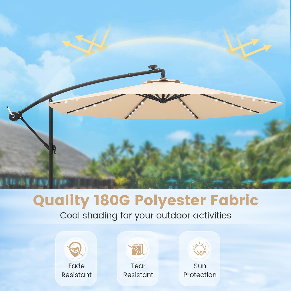 Coast Terrassenschirm mit solarbetriebener LED-Beleuchtung – verstellbarer Schwenkarm – beige – Ø 350 cm