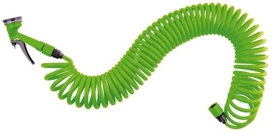 Kinzo Flexibler Gartenschlauch 15 Meter - Inkl. Düse und Schnellkupplung - 7 Sprühfunktionen - Spiralschlauch - UV-beständig - PVC - Grün