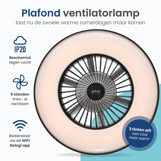 Gologi Deckenventilator mit Beleuchtung - Ã˜60 cm - LED RGBW - 6 Stufen - Schlafzimmer-Deckenleuchte - Deckenleuchte mit Ventilator - Mit Fernbedienung und App - Schwarz