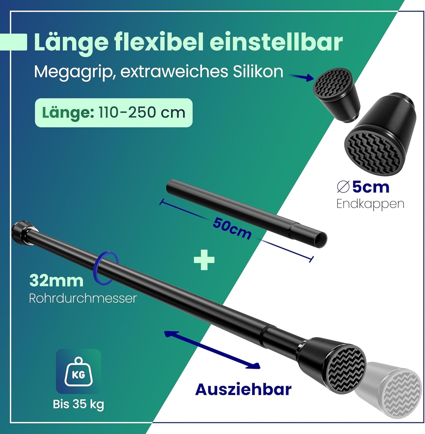 LOBUX® - Gardinenstange ohne Bohren [schwarz, 110-250cm] - Teleskopstange Gardinenverlängerung - Duschstange ohne Bohren - Gardinenstange, Duschvorhangstange, Kleiderstange, Klemmstange Katzennetz