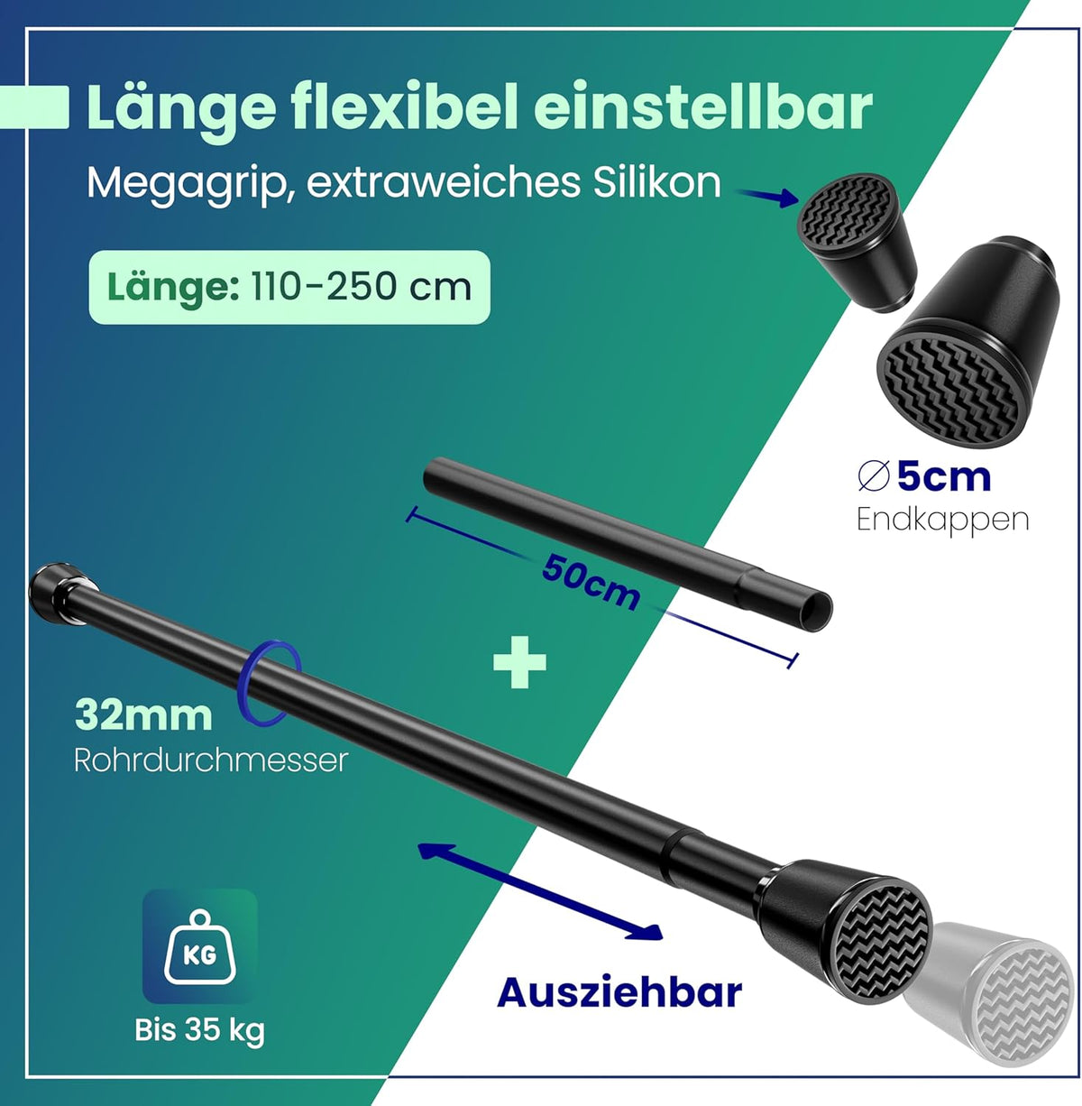 LOBUX® - Gardinenstange ohne Bohren [schwarz, 110-250cm] - Teleskopstange Gardinenverlängerung - Duschstange ohne Bohren - Gardinenstange, Duschvorhangstange, Kleiderstange, Klemmstange Katzennetz