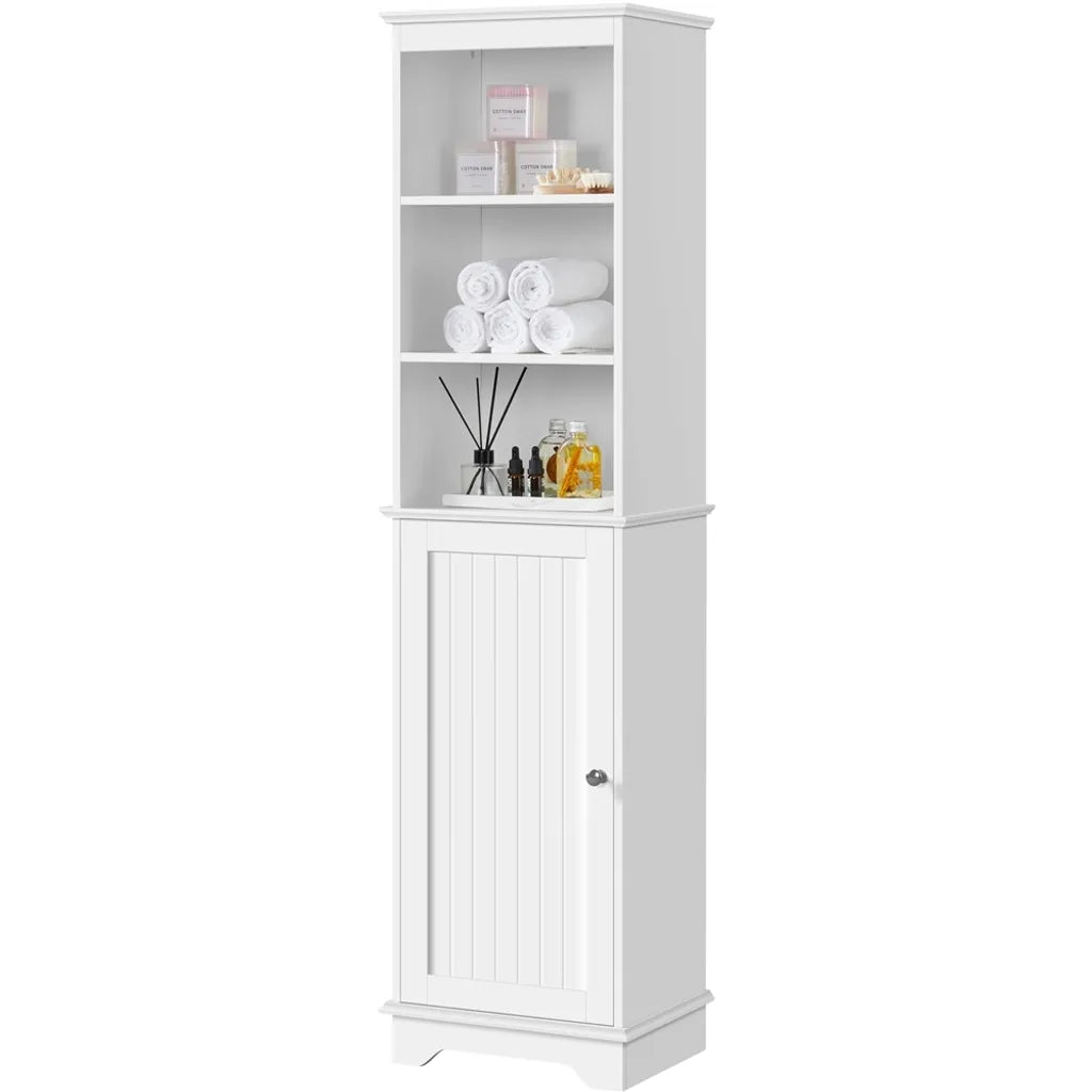 Yaheetech Badezimmerschrank 40 x 30 x 153 cm – Weiß – Hoher Aufbewahrungsschrank mit 3 offenen Regalböden und verstellbarem Einlegeboden