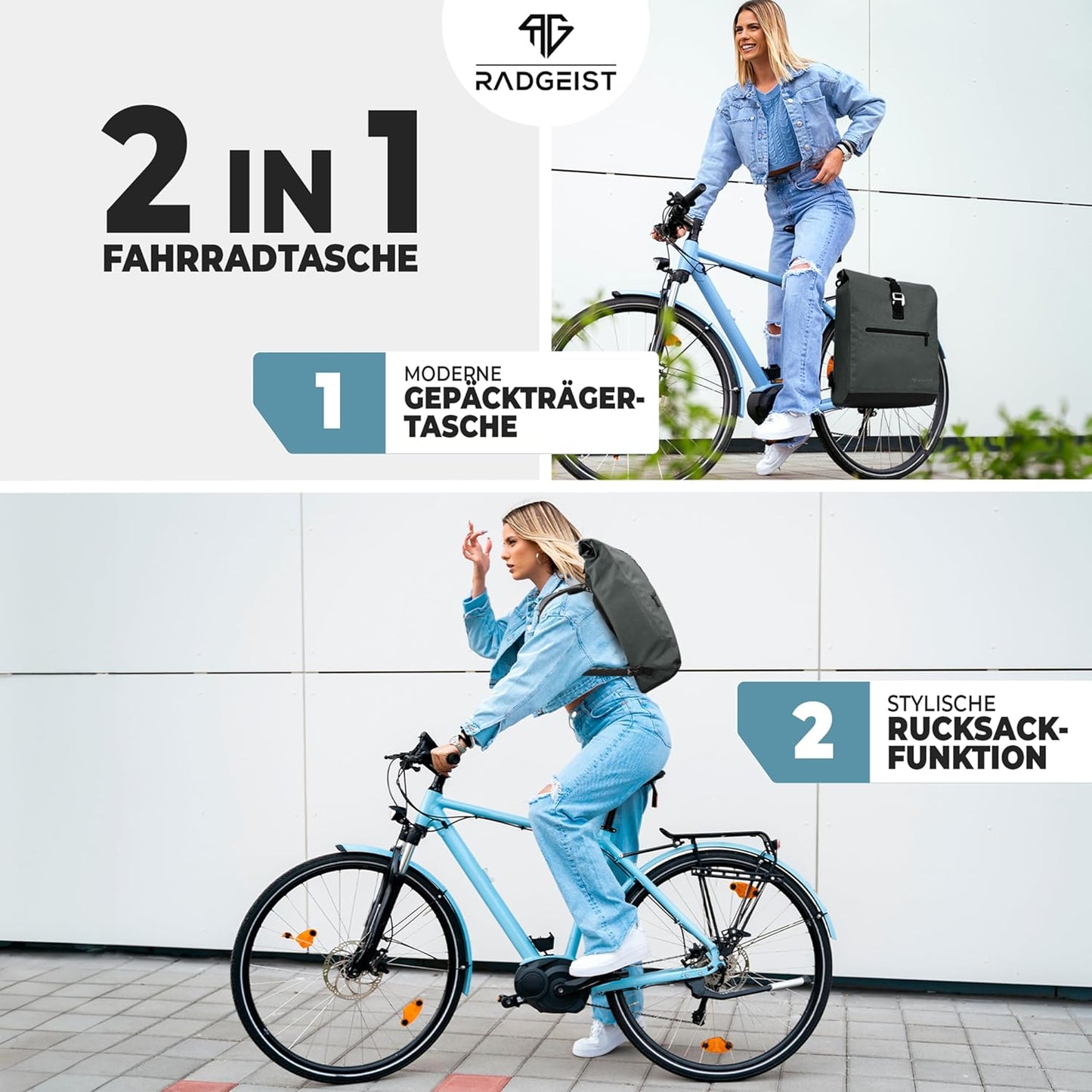 RADGEIST Fahrradtasche für Gepäckträger I Fahrradtasche & Rucksack I Fahrradtasche für Damen & Herren I Umhängetasche & Fahrradtasche 20L anthrazit