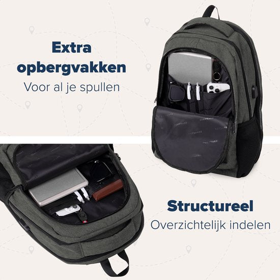 TRVLMORE Rucksack - 36L - 17 Zoll - Laptop-Rucksack - Schultasche - Männer und Frauen - Laptop-Tasche - Spritzwassergeschützt Grau Grün