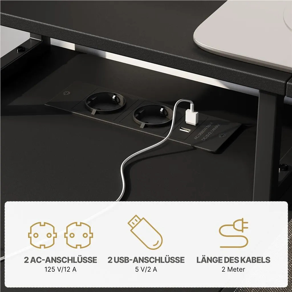 Yaheetech L-förmiger Schreibtisch 140 × 68 × 87 cm - Schwarz - Gaming-Schreibtisch mit Ladestation, Monitorständer und Ablagefläche
