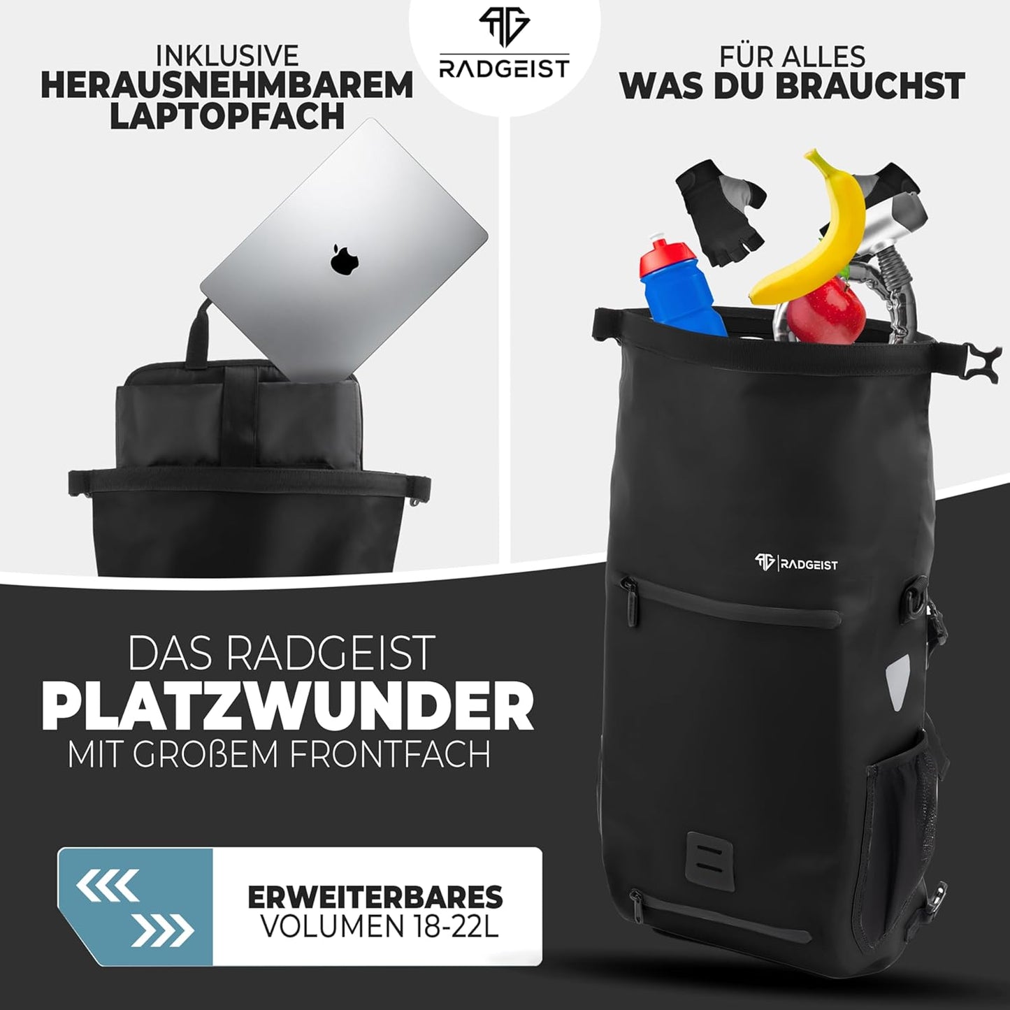 RADGEIST 3 in 1 Fahrradtasche - Für Gepäckträger - 18-22L - 100% wasserdicht - Schwarz