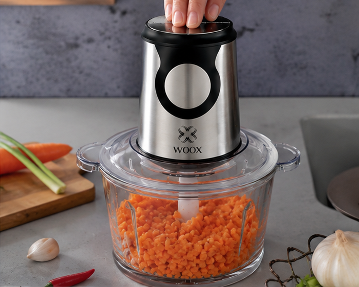 WOOX Elektrischer Fleischwolf – 2-Liter-Glasbehälter – 350 W – Doppelmesser – 2 Geschwindigkeitsstufen