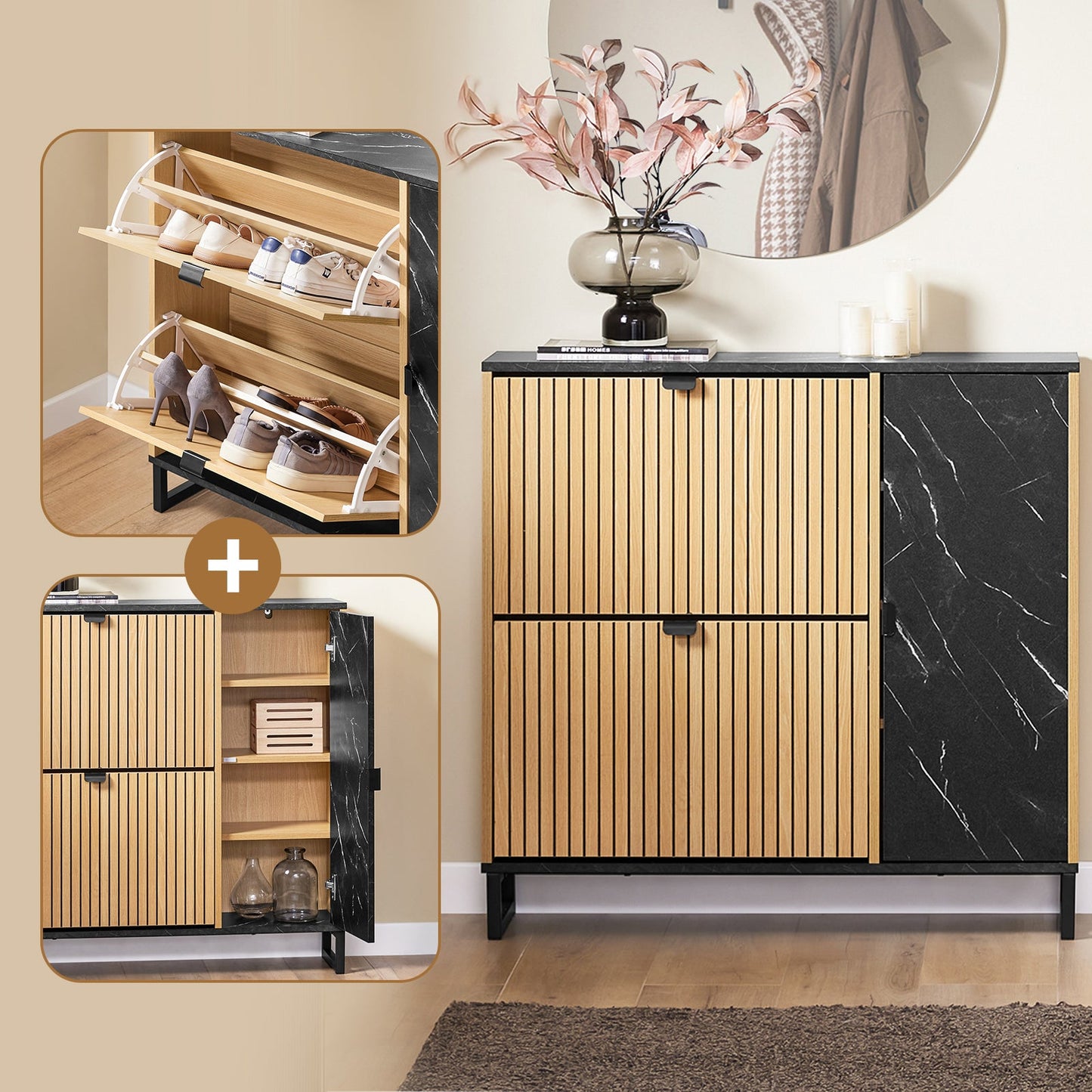 SoBuy FSR203-N Schmaler Eingangs-Schuhschrank, 2 Klappen und Seitentür, skandinavisches Design, kompakt, Schwarz und helles Holz, 90 x 24 x 88 cm