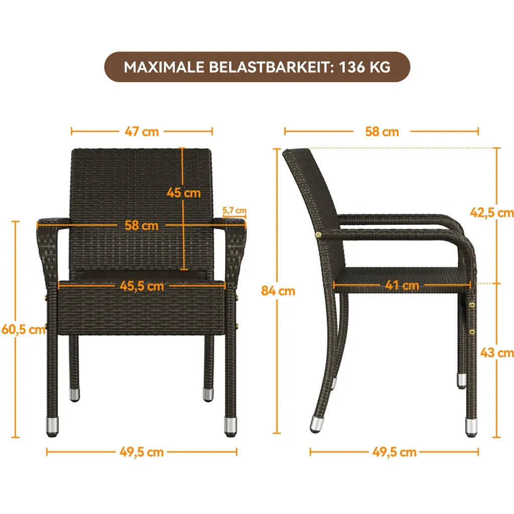 Yaheetech Gartenstühle - 2 Stück - Rattan - stapelbar - mit Armlehnen - verstellbare Füße - braun
