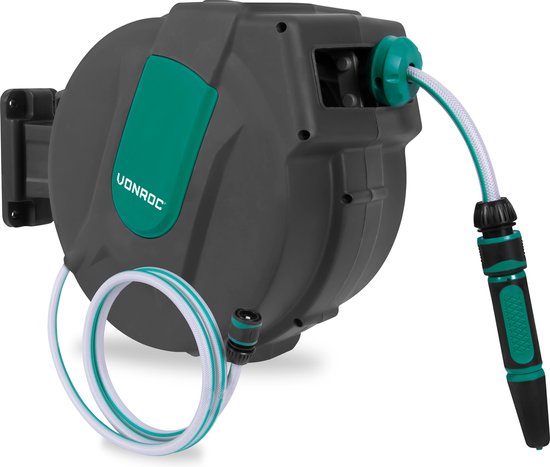 VONROC Wand-Schlauchbox - Inkl. 15m Gartenschlauch, Verbindungsschlauch, Tülle, Kupplungen & Wasserhahnanschluss - Automatisches Aufrollsystem
