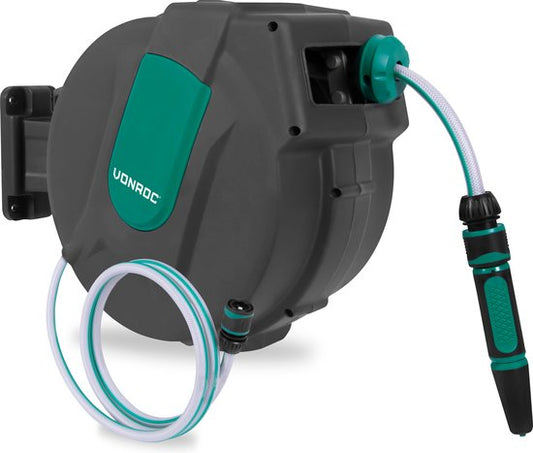 VONROC Wand-Schlauchbox - Inkl. 15m Gartenschlauch, Verbindungsschlauch, Tülle, Kupplungen & Wasserhahnanschluss - Automatisches Aufrollsystem