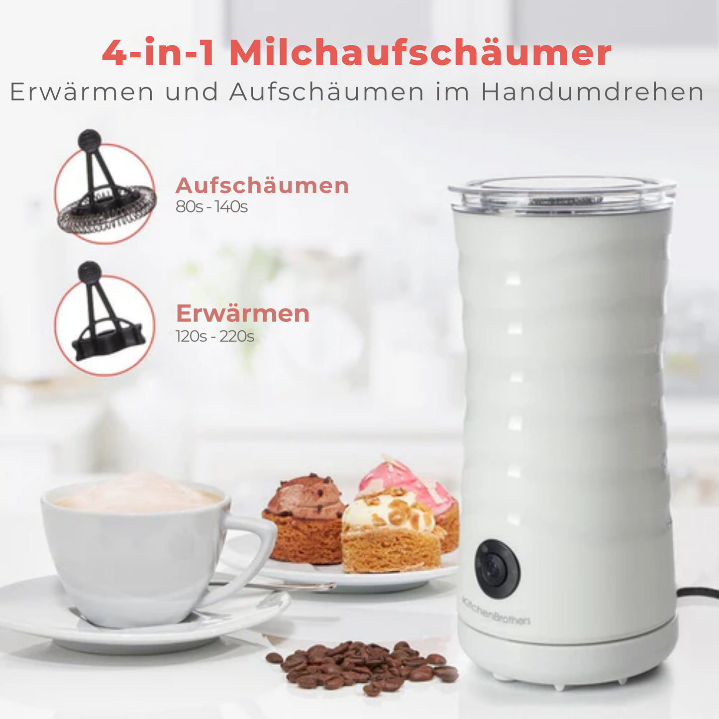 KitchenBrothers Elektrischer Milchaufschäumer - 4-in-1 - 240 ML - Schwarz
