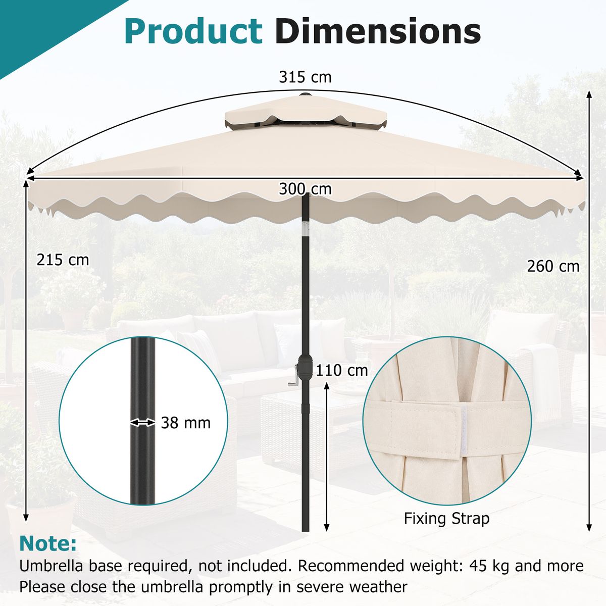 Coast Terrassenschirm – verstellbarer Neigungswinkel – stabiler Metallrahmen – beige, 300 x 300 cm