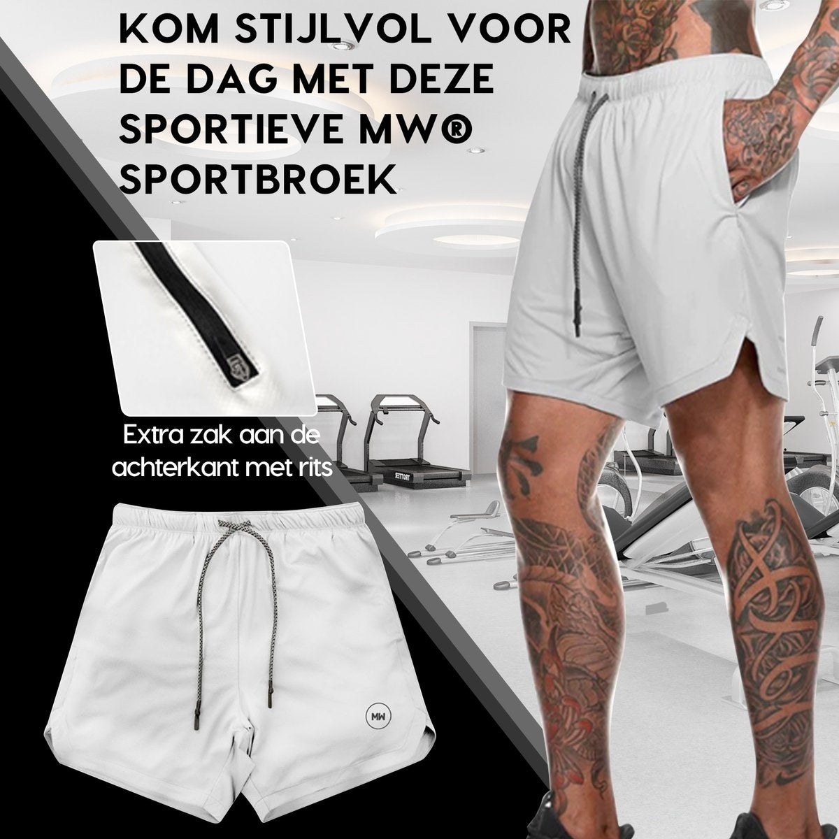 MWÂ¬Ã† - Sportbroek Heren - Fitnessbroek - Sportkleding - 2 in 1 Shorts - Hardloopbroek (Grijs - S)