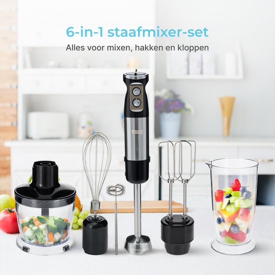 Goodforce 7-teiliges Stabmixer-Set - Inklusive Zerkleinerer, Schneebesen, Milchaufschäumer, Quirl & Messbecher - leistungsstark & spülmaschinenfest - 12 Geschwindigkeiten + Turbofunktion - 1000W - PFAS-frei