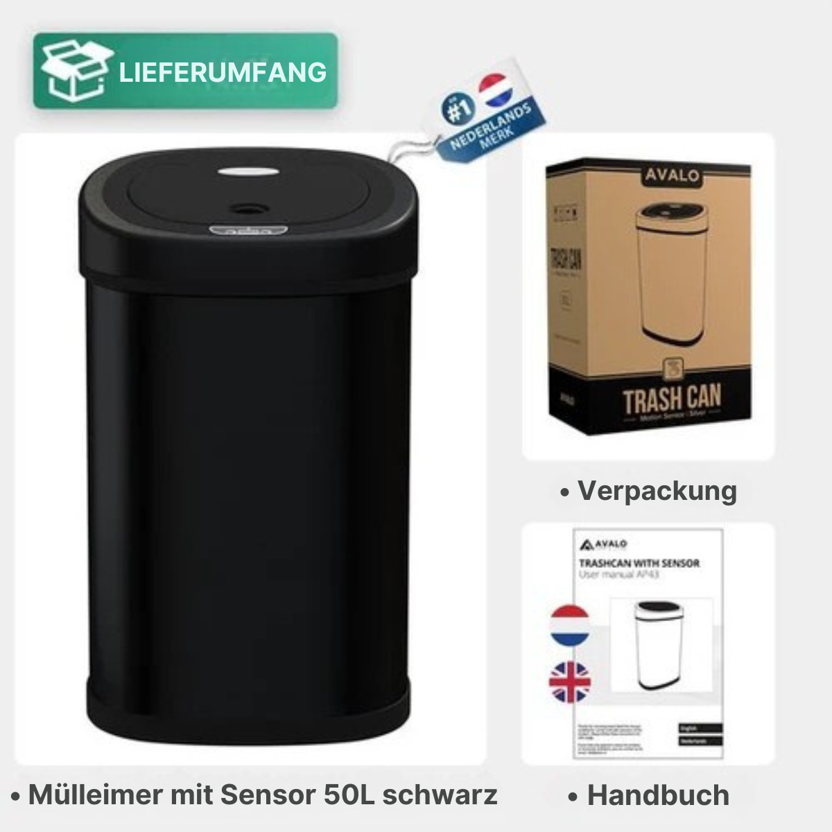 Avalo - Abfalleimer mit Sensor 50L - Edelstahl - Soft Close/ Fingerabdrucksicher/ Hygienisch - Schwarz