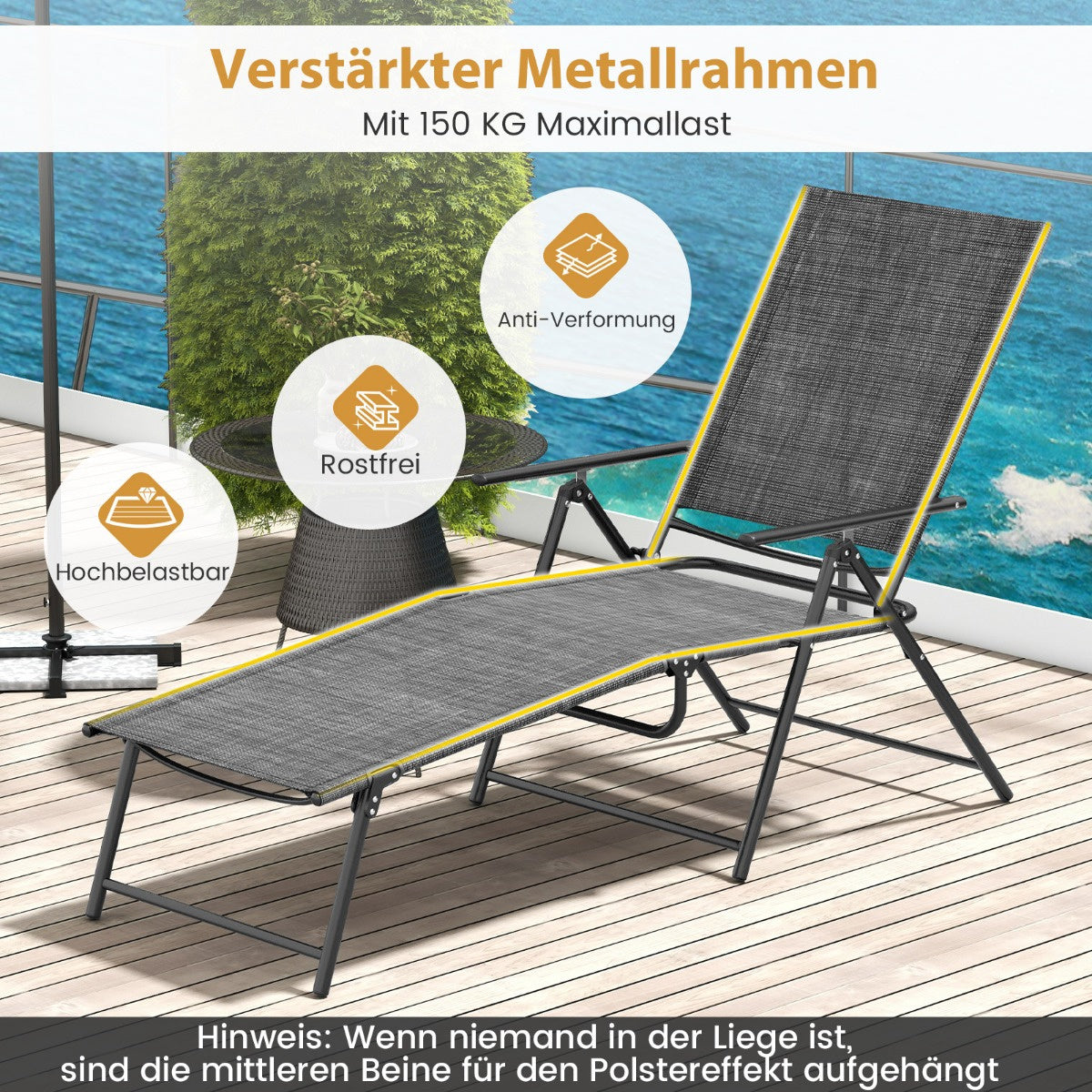 Coast 2er-Set Sonnenliegen - klappbar - Grau - 155-189 x 64 x 65-102 cm