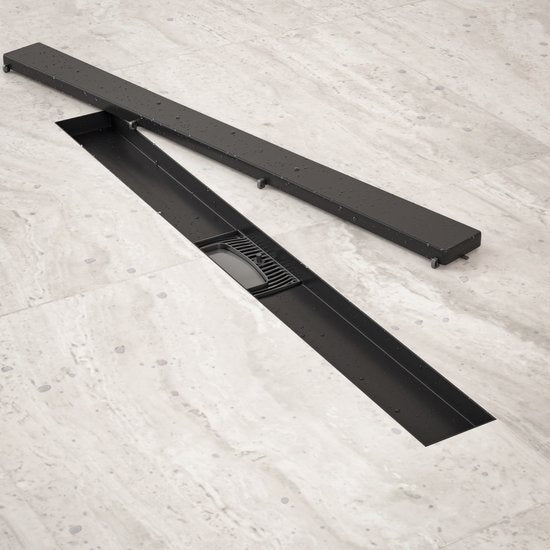 Duschrinne – 70 cm – Mattschwarz – Fliesengitter – Edelstahl – Mit Flansch