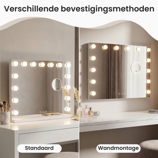 Bayt Hollywood Spiegel mit Beleuchtung - Make-up Spiegel mit Beleuchtung - Spiegel mit Beleuchtung - dimmbar - 10x Vergrößerung - 58x46cm - Weiß