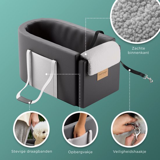 CozySense® Hundeautositz - Hundekorb Auto mit waschbarem Bezug - Für kleine Hunde - Passt in die Mittelkonsole - Auch als Tragetasche - Schwarz/Grau