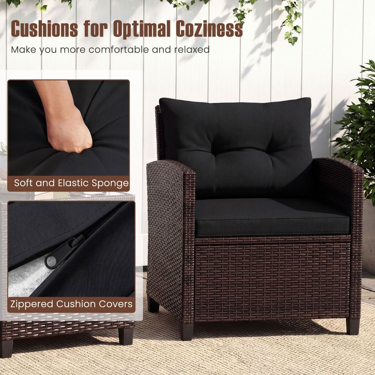 Coast 3-teiliges Gartenset – Rattan-Bistro-Set mit 2 Stühlen und einem Tisch – Hartglas und Kissen – schwarz