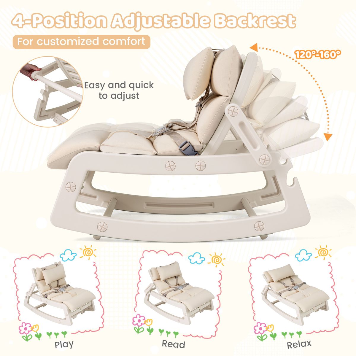 Coast 2-in-1-Schaukelstuhl für Kinder – verstellbare Rückenlehne – waschbares Sitzkissen – beige