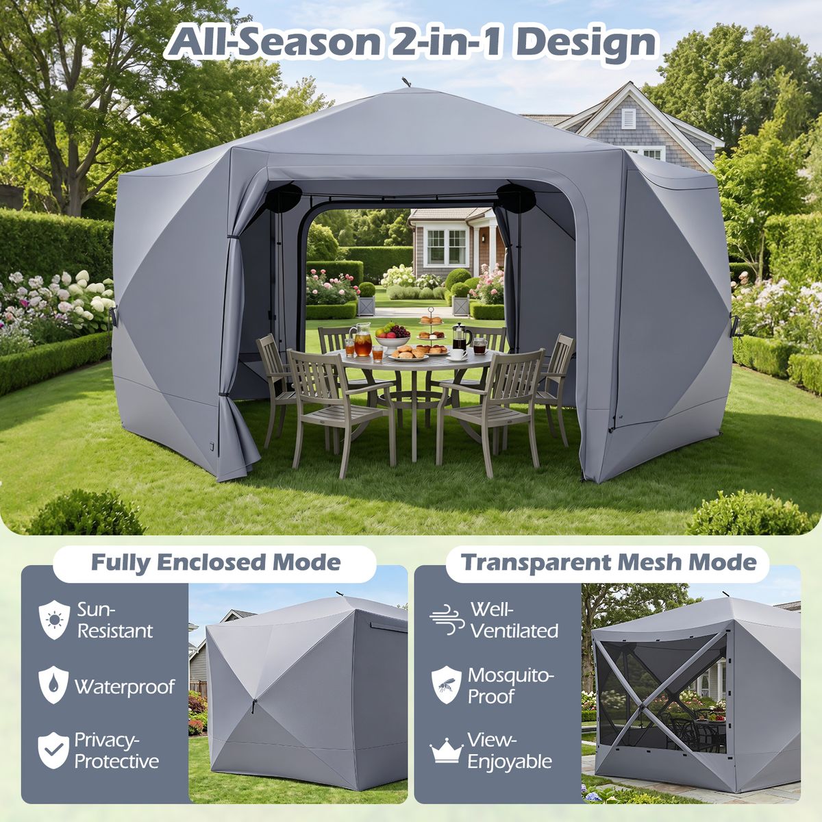 Coast Pop-up-Gartenpavillon – sechseckig – mit 6 Seitenwänden und Moskitonetzen – grau 427 x 427 cm
