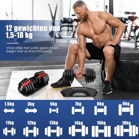 DH FitLife Verstellbare Hantel – 1,5 bis 18 kg – 12-in-1-Gewichtsverstellung – Platzsparend – Für das Krafttraining zu Hause
