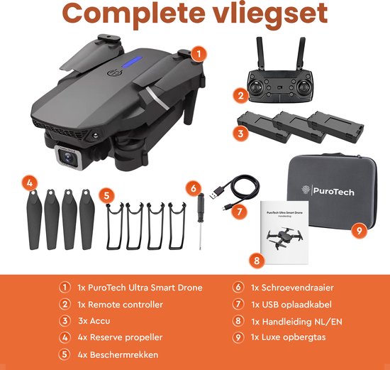 PuroTech Quad-Drohne 4K Kamera - Inklusive Tragetasche - 3 Batterien - 36 Minuten Flugzeit - Kein Flugschein erforderlich - Mini-Drohne - Erwachsene / Kinder - Indoor & Outdoor
