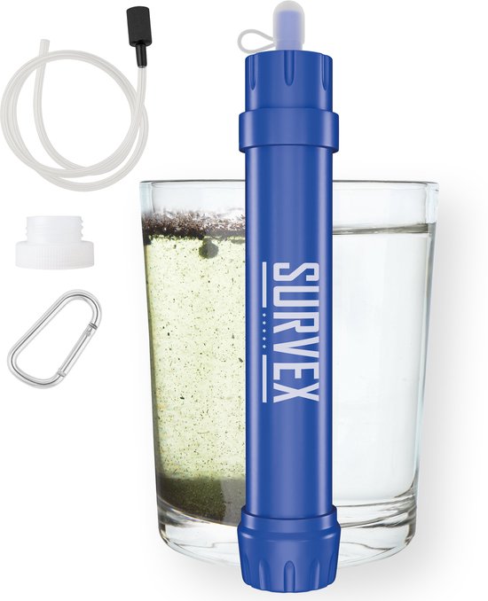SURVEX Personal Water Filter Straw XL 4000L - Einzigartiger KDF-55 Filter - Wasserfilter Survival & Outdoor - BPA-frei - Notfallset für Zuhause - Komplettset Wasserreiniger - Trinkflasche Wasserreinigung Outdoor - Survival Kit - Blau