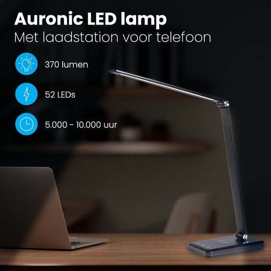 Auronic - Schreibtischlampe - LED - USB & kabelloses Laden - dimmbar - Schwarz