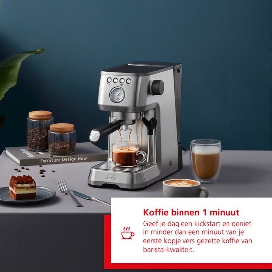 Solis Barista Perfetta Plus 1170 V2 Kolbenmaschine – Köstlicher Kaffee in nur einer Minute – Kompakte und hochwertige Espressomaschine – Milchaufschäumsystem – Silber